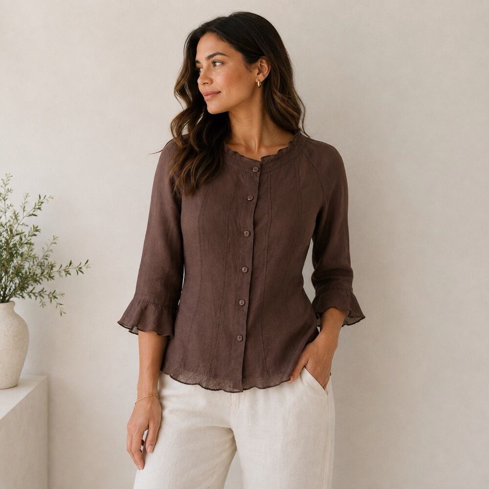 Marina Luna 100% Linen Blouse XL Brown Ruffle Bell Sleeve Button Front Boho